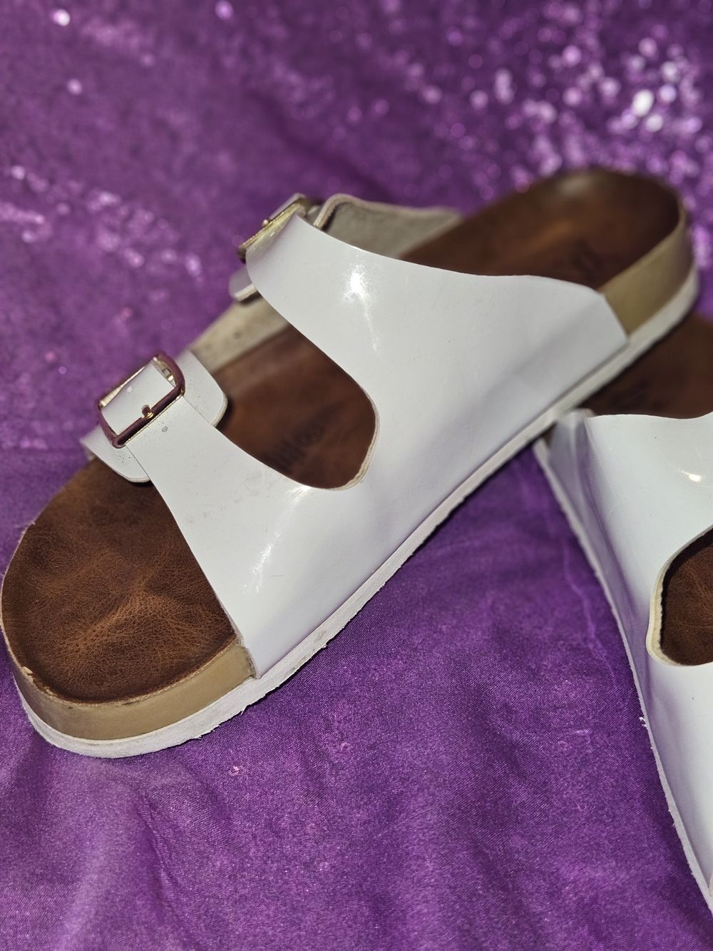 Women’s White Double-Buckle Slide Sandals with Cushioned Footbed